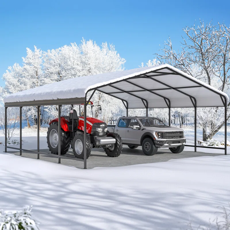 D Metal Carport for Two Cars, Heavy-Duty Steel Frame, Outdoor Canopy Shelter